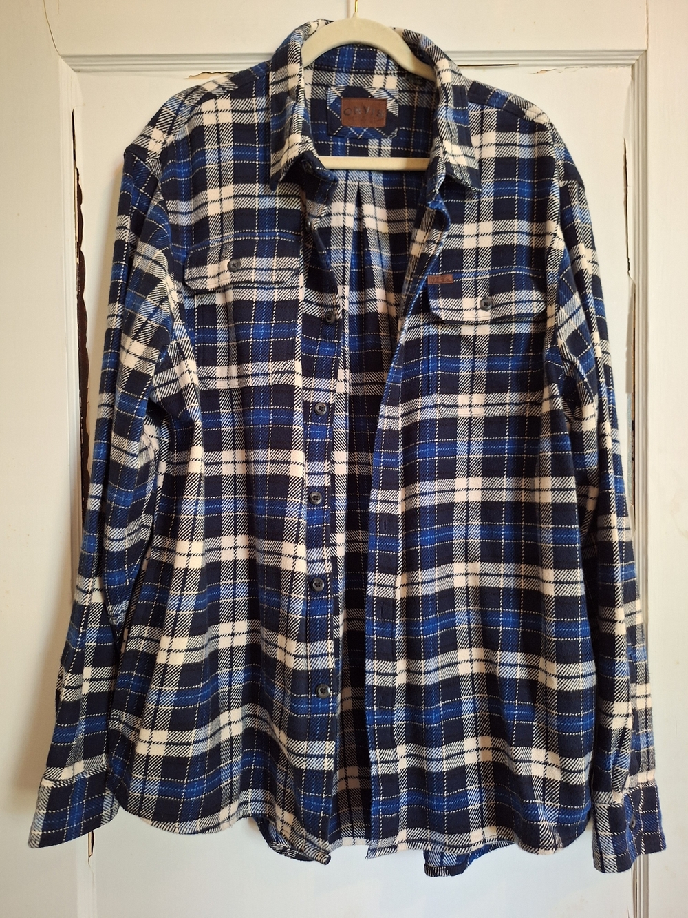 Orvis Mens Shirt Jacket Heavy Flannel Blue/White Button Shacket Pockets Sz XL